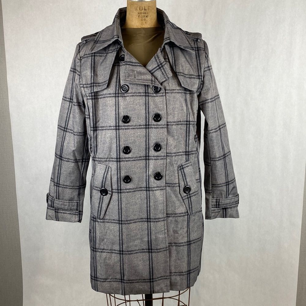 Farvalue Plaid Trench Coat Sz Large Water Resistant Double Breasted Gray Black
